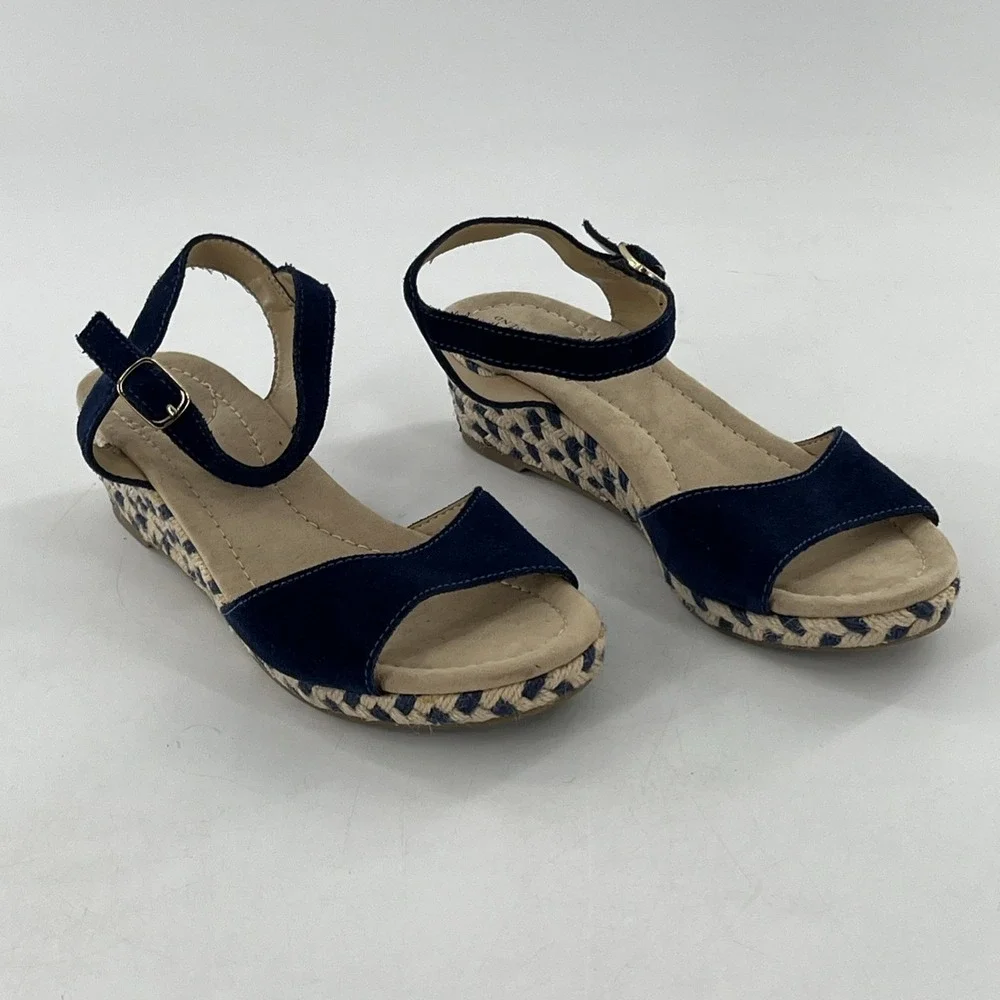 Lands End Espadrille Sandal Womens 7 Wedge Slingback Open Toe Blue Suede Chevron